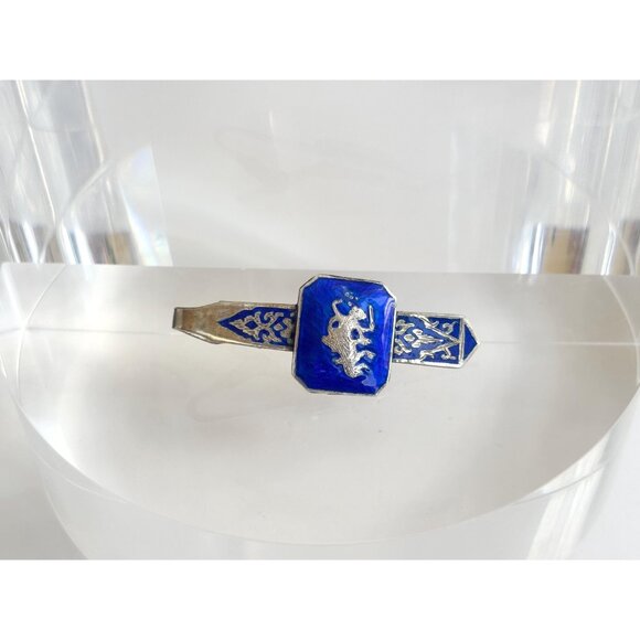 Matcha Damascene Blue Siam Sterling Silver Vintage Nielloware Men's Tie Bar Clip - Picture 3 of 10